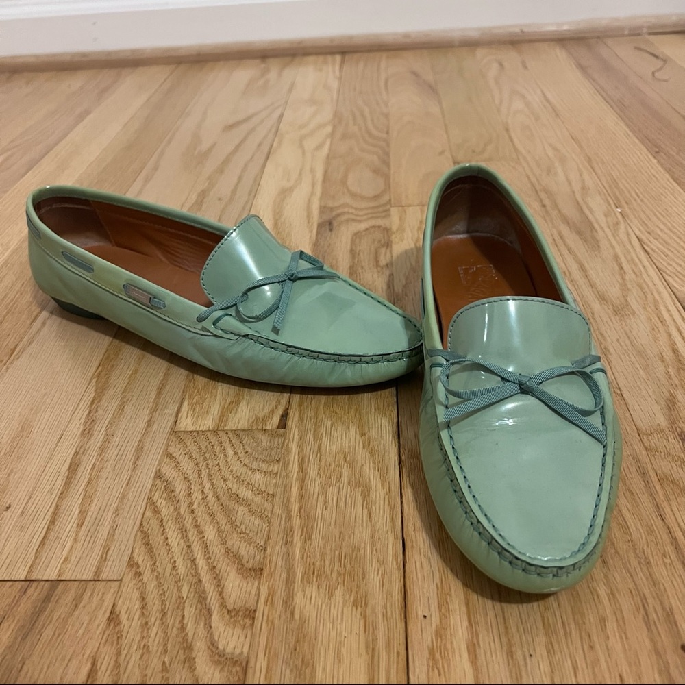 Salvatore Ferragamo patent leather loafers in turquoise green/blue.